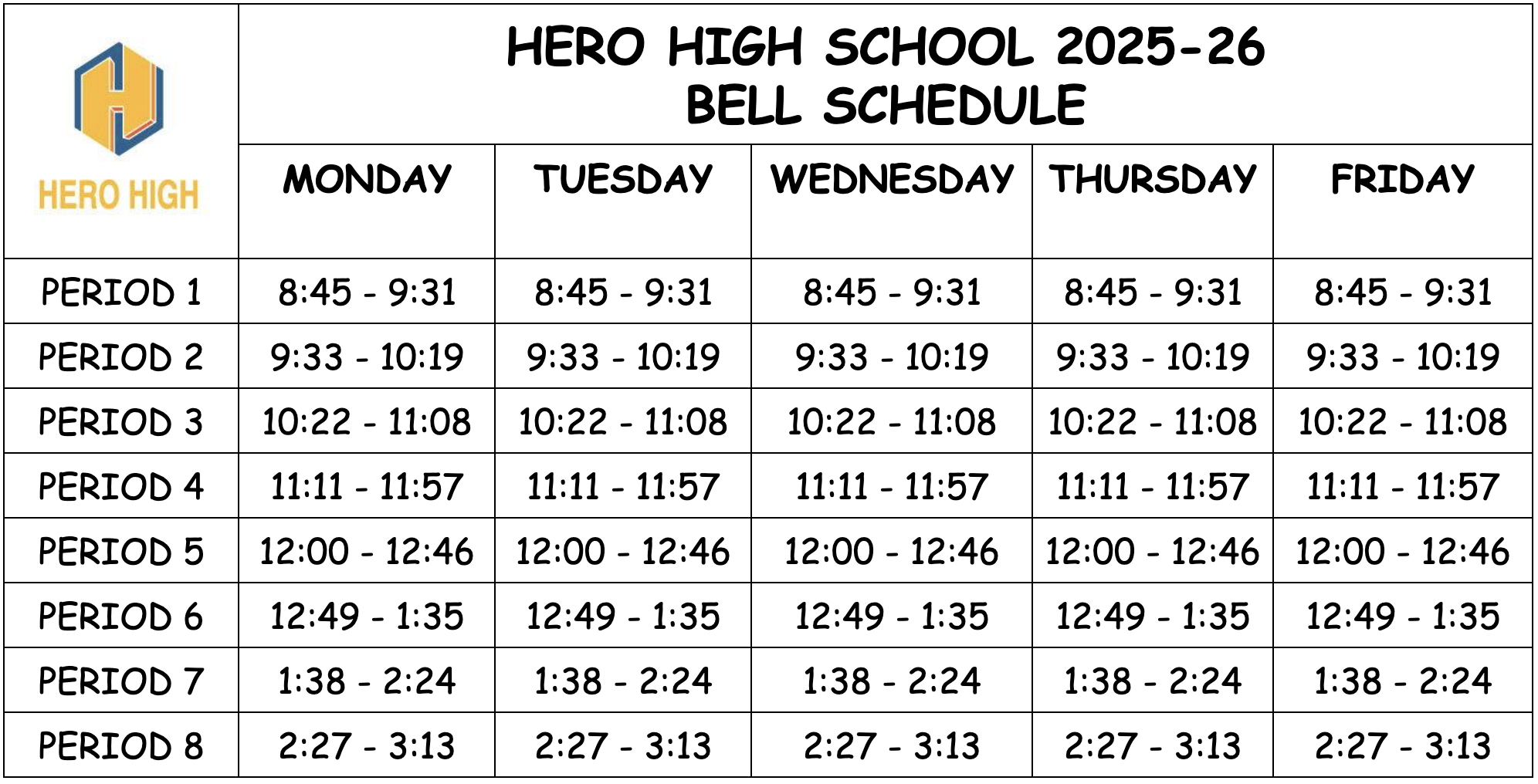 HERO High 2025-2026 Bell Schedule